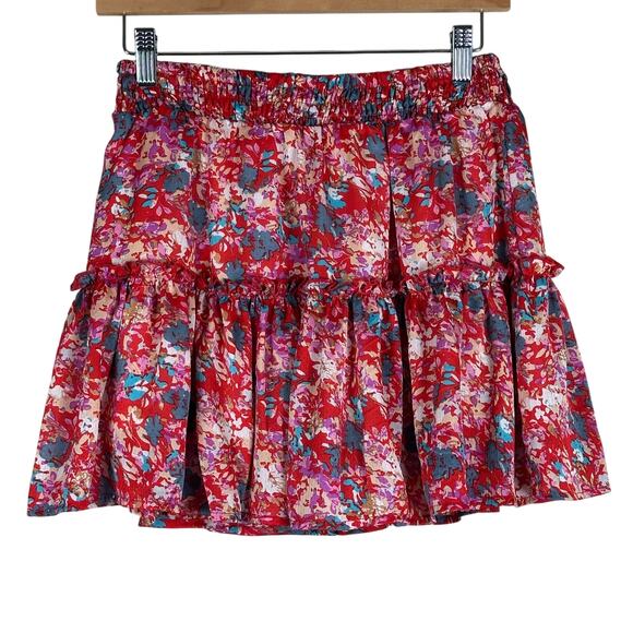 Fanco Mini Skirt Womens S Red Pink Floral Tiered Cottagecore Ruffle Boho Fairy - Picture 2 of 4